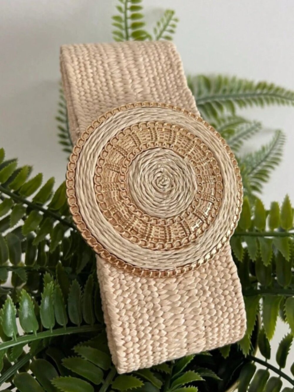 NWT Cream Woven Stretch Elastic Belt Gold Straw Buckle OS